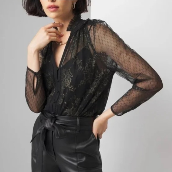 White House Black Market Tops - White House Black Market Black Sheer Lace Blouse with Gold Metallic Thread